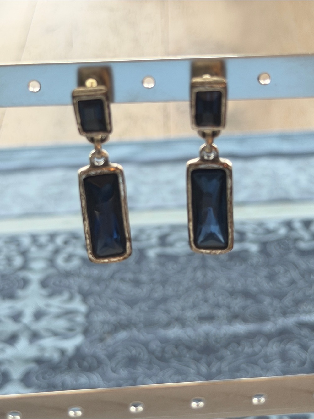 Serica Antares Silver Tone Rectangular Drop Earrings with Deep Blue Stones NWOT